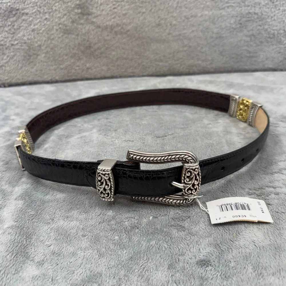 Brighton Belt Women‎ S 28 Black NEW Croc Embossed Leather Silver Gold Filigree